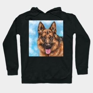 A Gorgeous German Shepherd Painting with his Tongue Out Blue Cloudy Background Hoodie